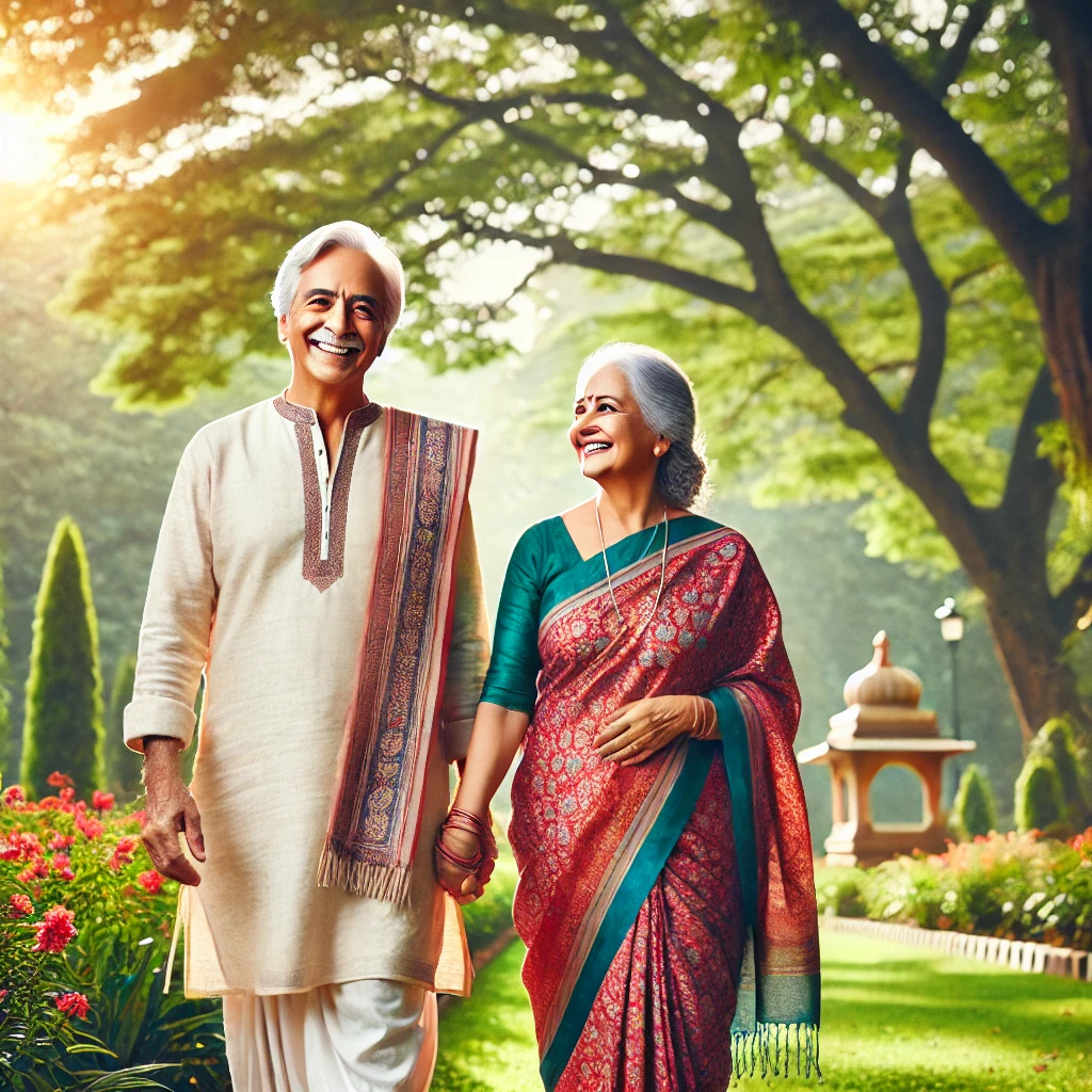 a man and woman holding hands and walking in a park