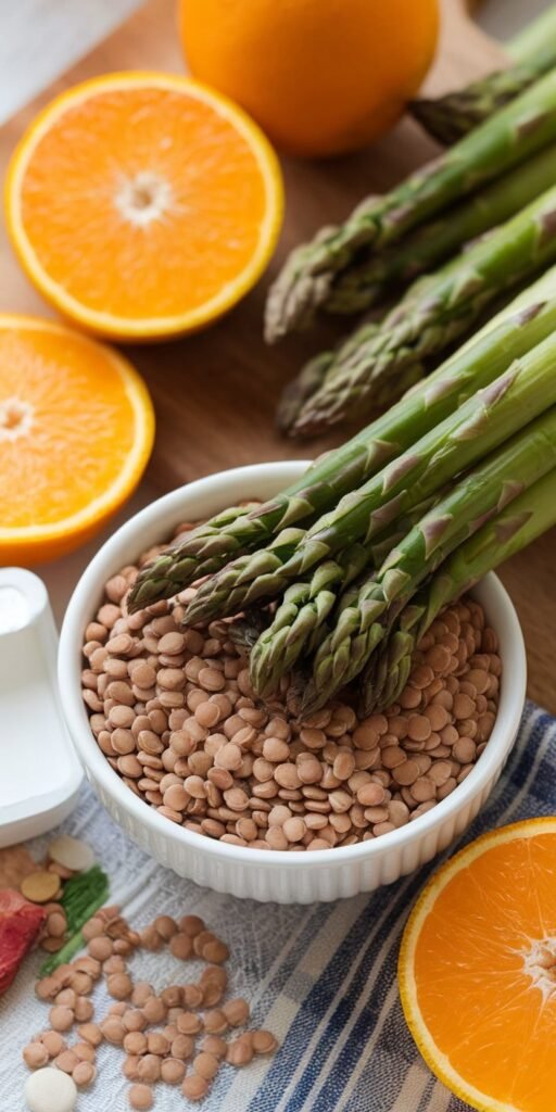 lentils oranges and asparagus