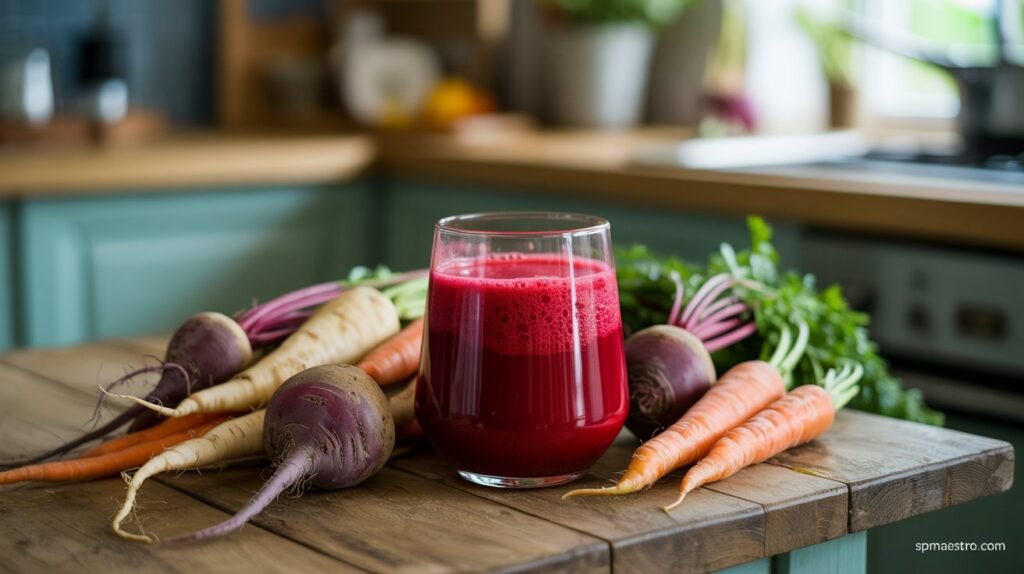 Glass of carrot-beet juice with root vegetable - Glow Juice Challenge