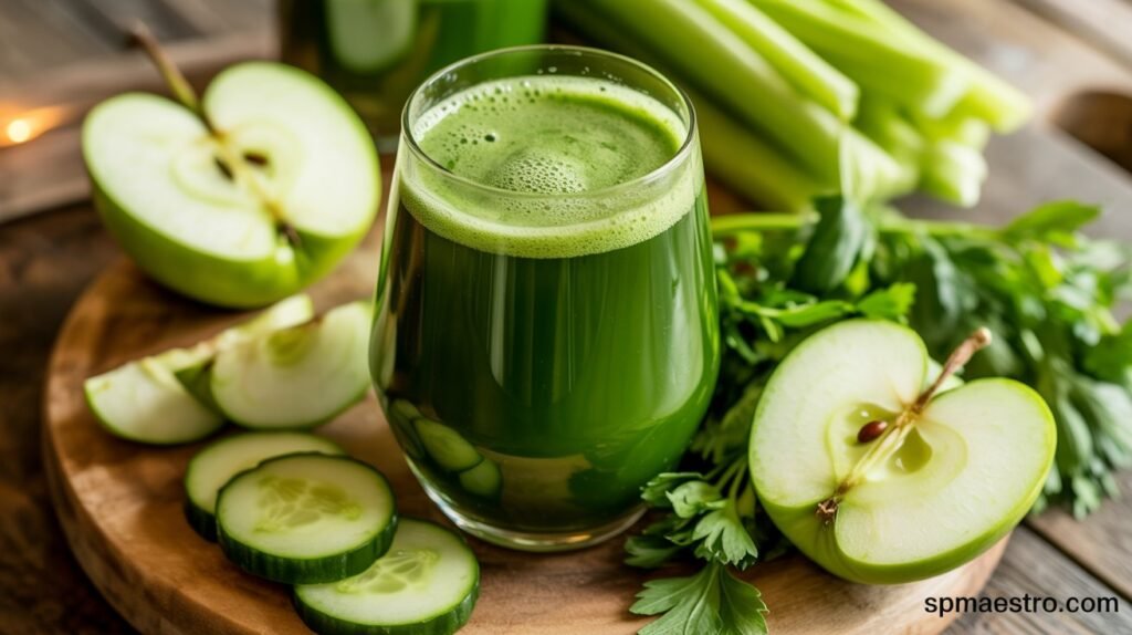 Green juice surrounded by apples Glow Juice Challenge