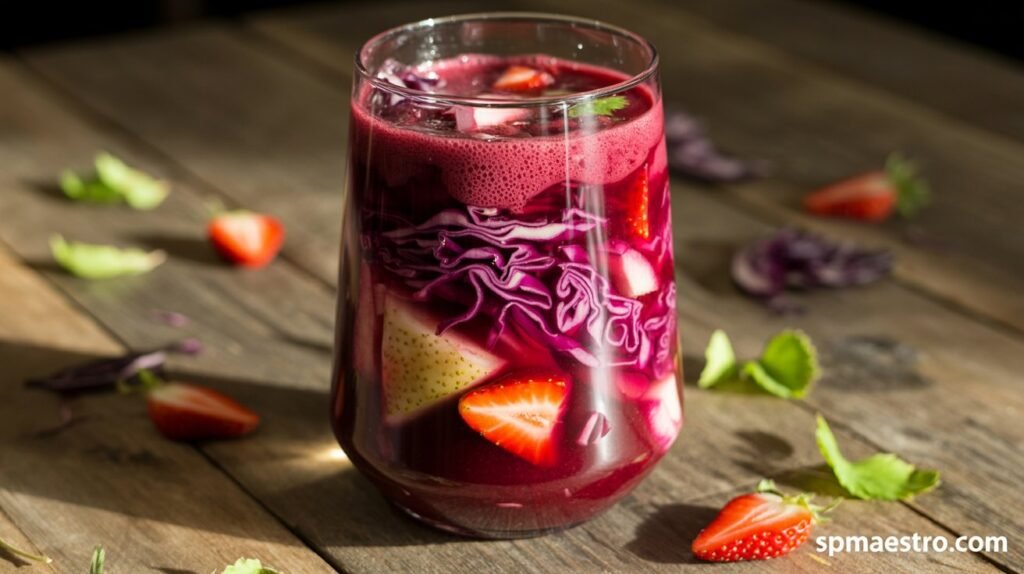 Purple-red juice with pears, strawberries, and cabbage - Glow Juice Challenge