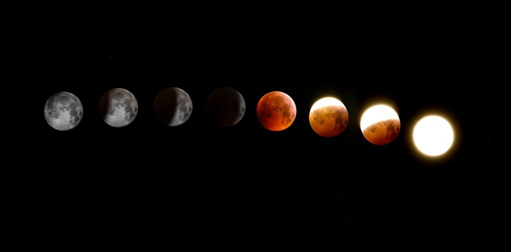 A stunning sequence of moon phases during a lunar eclipse, showcasing the transition from full moon to totality. - Eclipse Do's and Dont's