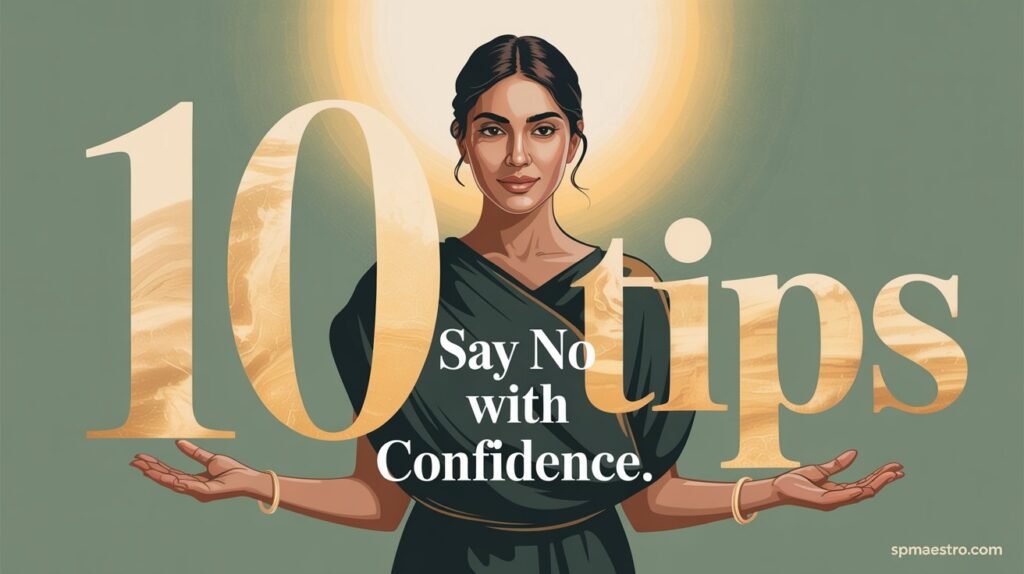 A confident fair-complexioned Indian woman standing peacefully beside a large golden number 10, representing 10 powerful phrases to say no with clarity and confidence