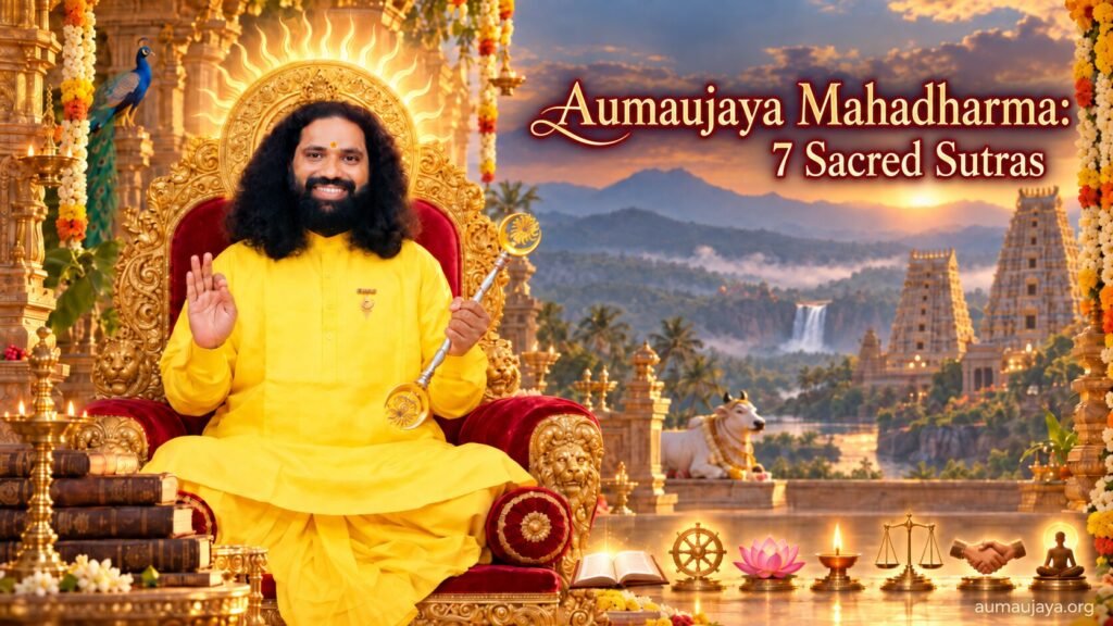 Aumaujaya Mahadharma: 7 Sacred Sutras That Reveal the Inner Strength Behind Truth, Dharma and Love 2 HH Beloved MahaaGURU Ji with the seven sutras of Aumaujaya Mahadharma: truth, dharma, love, moral conduct, justice, honesty and spirituality.